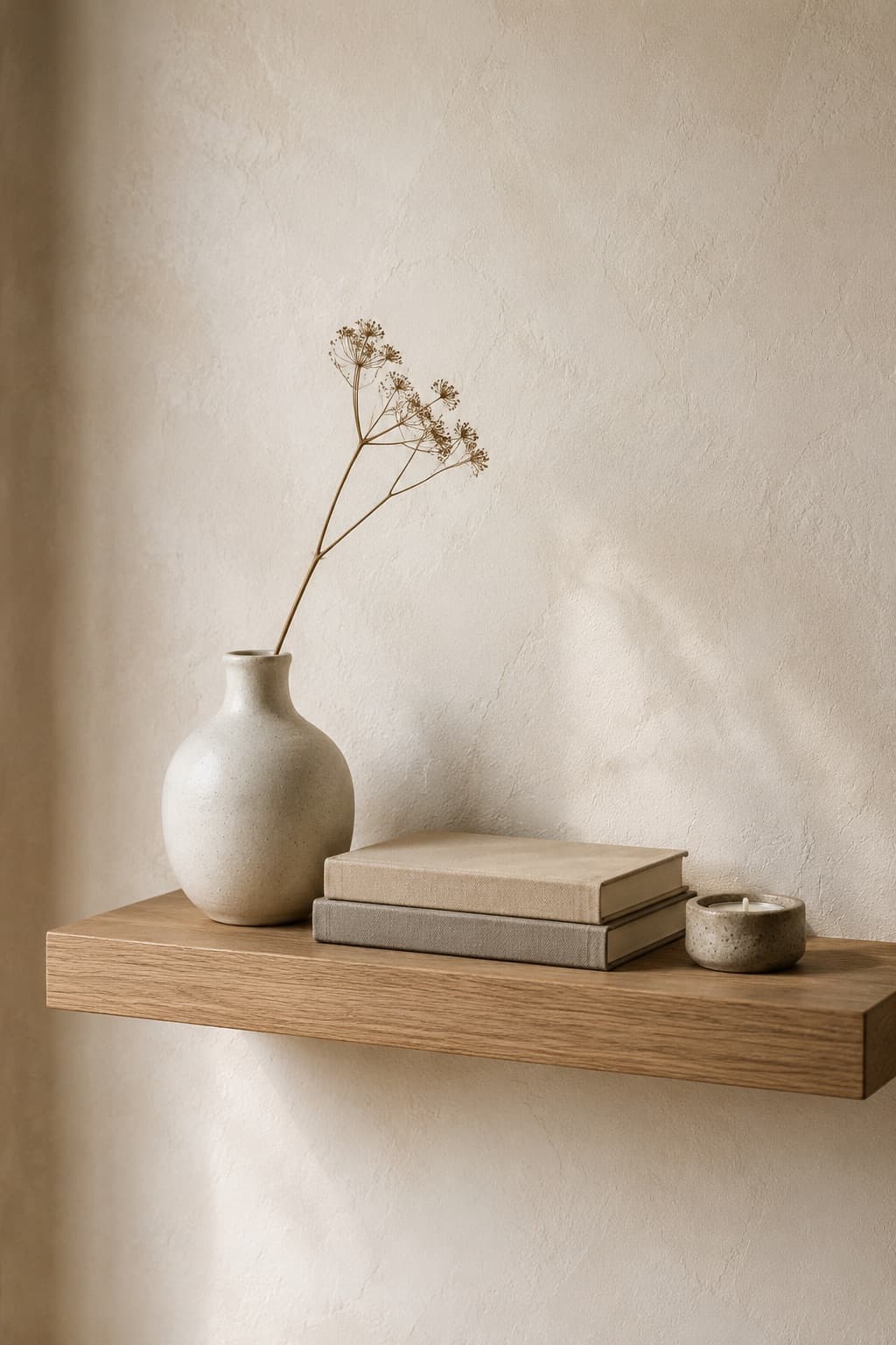 A styled floating shelf vignette