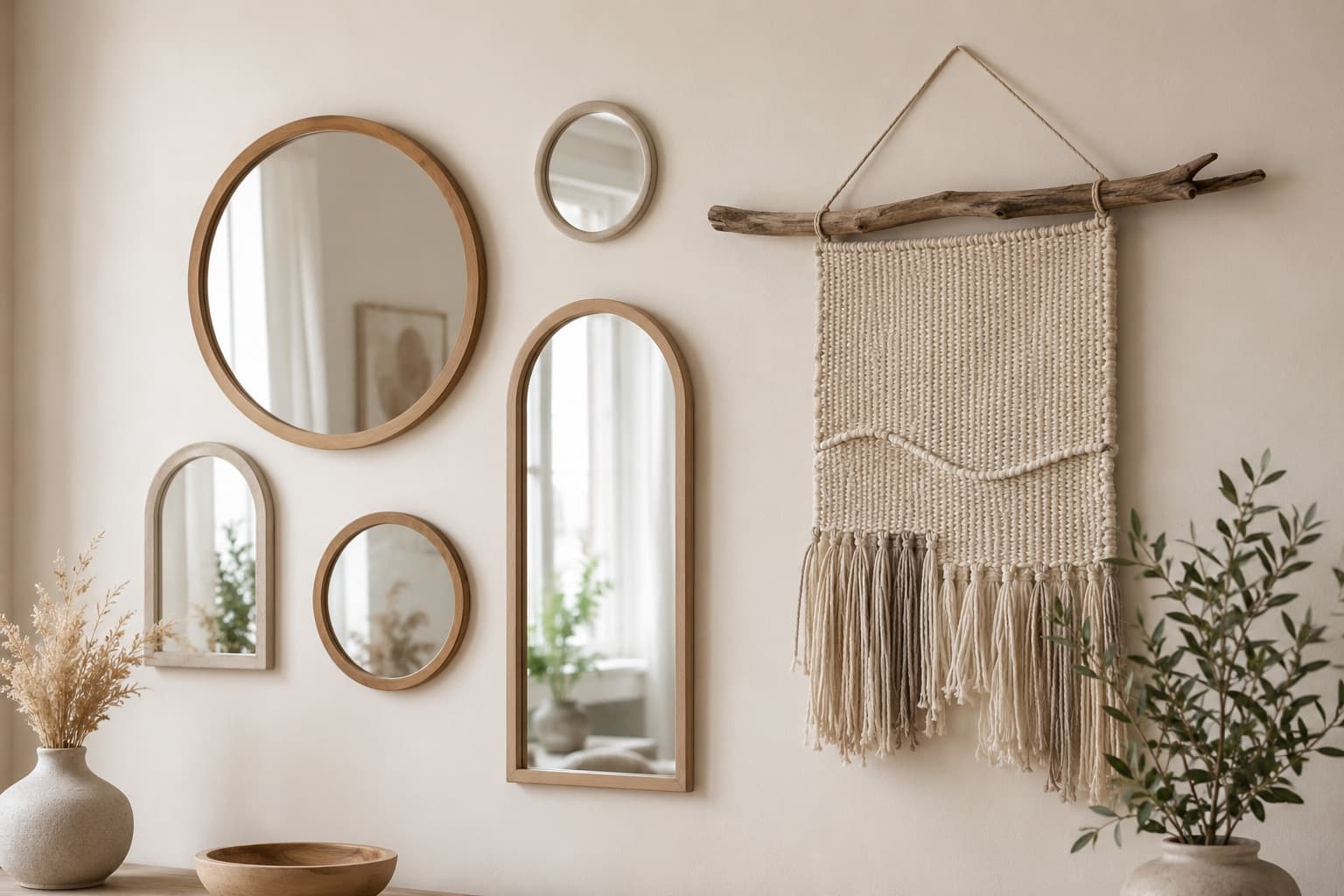 A gallery wall of mirrors and a woven tapestry